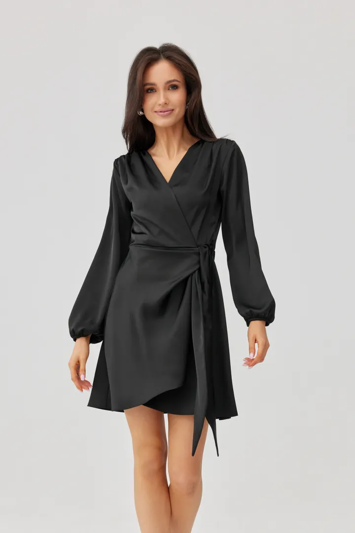 Catlin - Elegantes Mini Wickelkleid mit Taillenband und langen Ärmeln in Schwarz