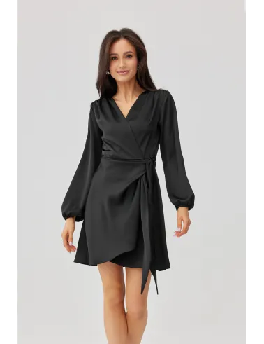 Catlin – Elegantes schwarzes Mini Wickelkleid mit Taillenband & langen Ärmeln | Roco Fashion