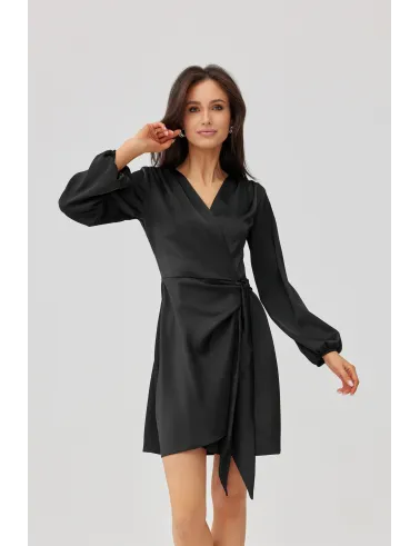 Catlin – Elegantes schwarzes Mini Wickelkleid mit Taillenband & langen Ärmeln | Roco Fashion