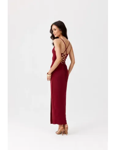 Aria – bordowa sukienka midi z wiązaniem na plecach | Roco Fashion