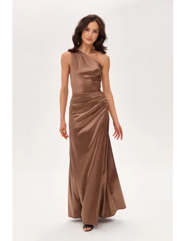Inez – elegantes One-Shoulder Maxikleid mit Schlitz in Hellbraun | Roco Fashion