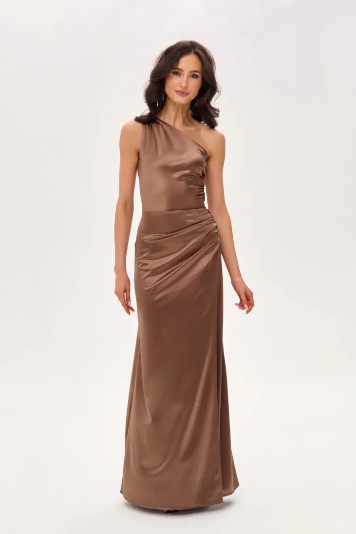 Inez - elegantes One-Shoulder Maxikleid mit Schlitz in hell Braun
