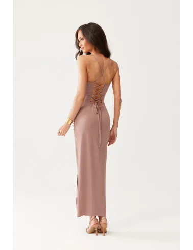 Aria – brązowa sukienka midi z wiązaniem na plecach | Roco Fashion