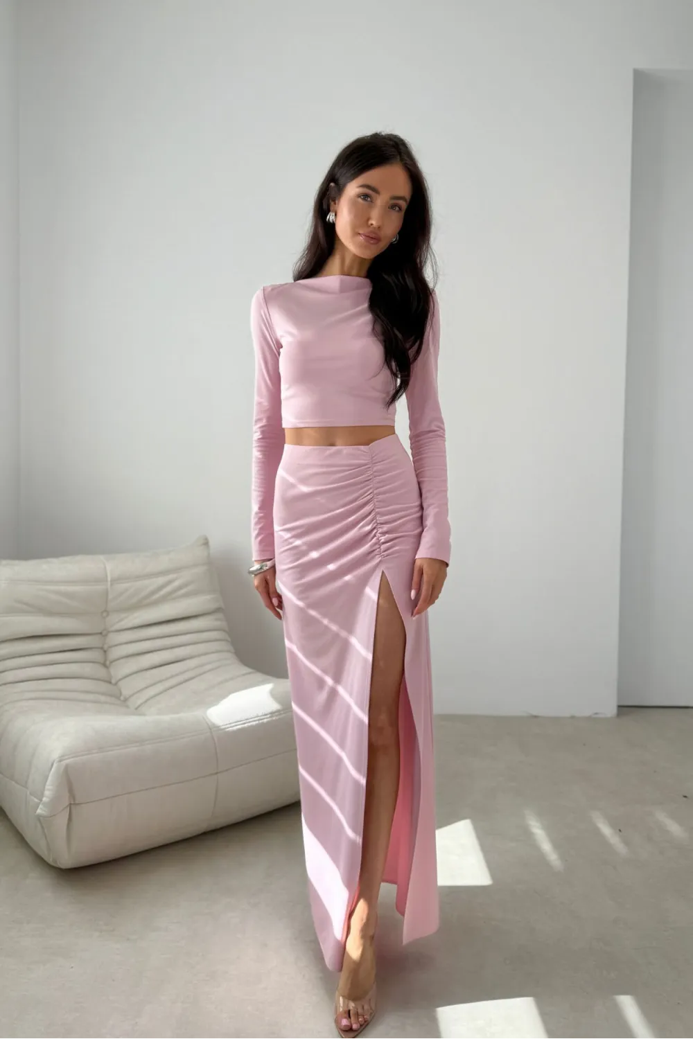 Linnea – figurbetontes Langarm-Top im minimalistischen Design in Rosa | Roco Fashion