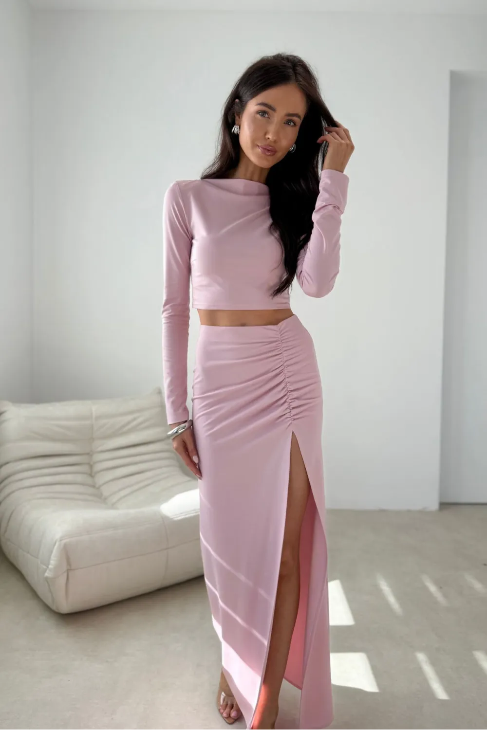 Linnea – figurbetontes Langarm-Top im minimalistischen Design in Rosa | Roco Fashion