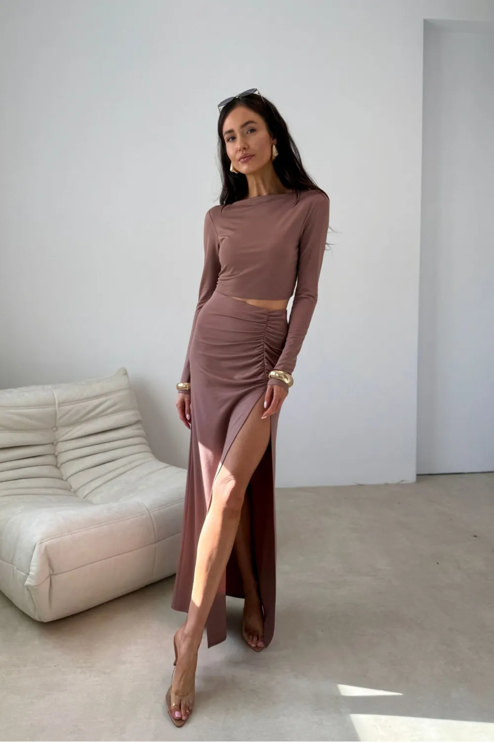 Linnea – minimalistyczna bluzka z długim rękawem cappuccino | Roco Fashion