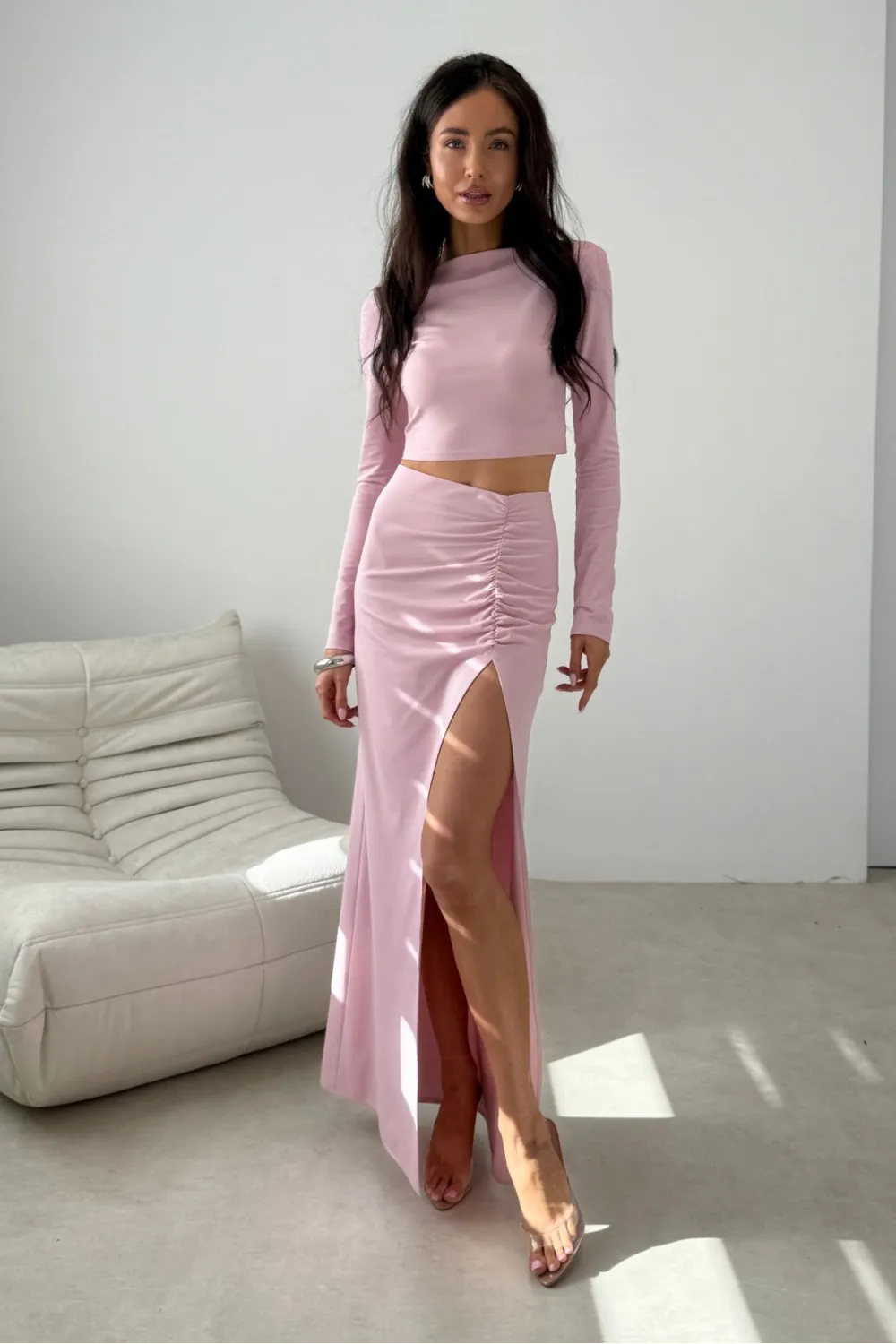 Linnea – figurbetontes Langarm-Top im minimalistischen Design in Rosa | Roco Fashion