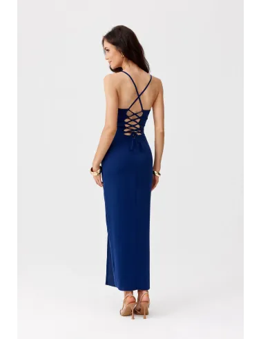 Aria – granatowa sukienka midi z wiązaniem na plecach | Roco Fashion