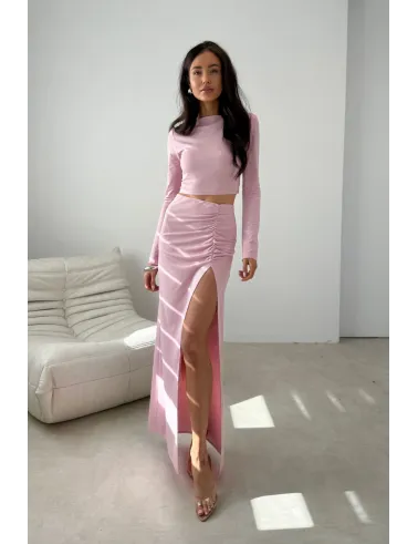 Ottilia – dopasowana długa spódnica z marszczeniem i rozcięciem w kolorze różowym | Roco Fashion