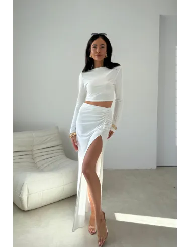 Ottilia – Figurbetonter Maxirock mit Drapierung und Beinschlitz in Ecru | Roco Fashion