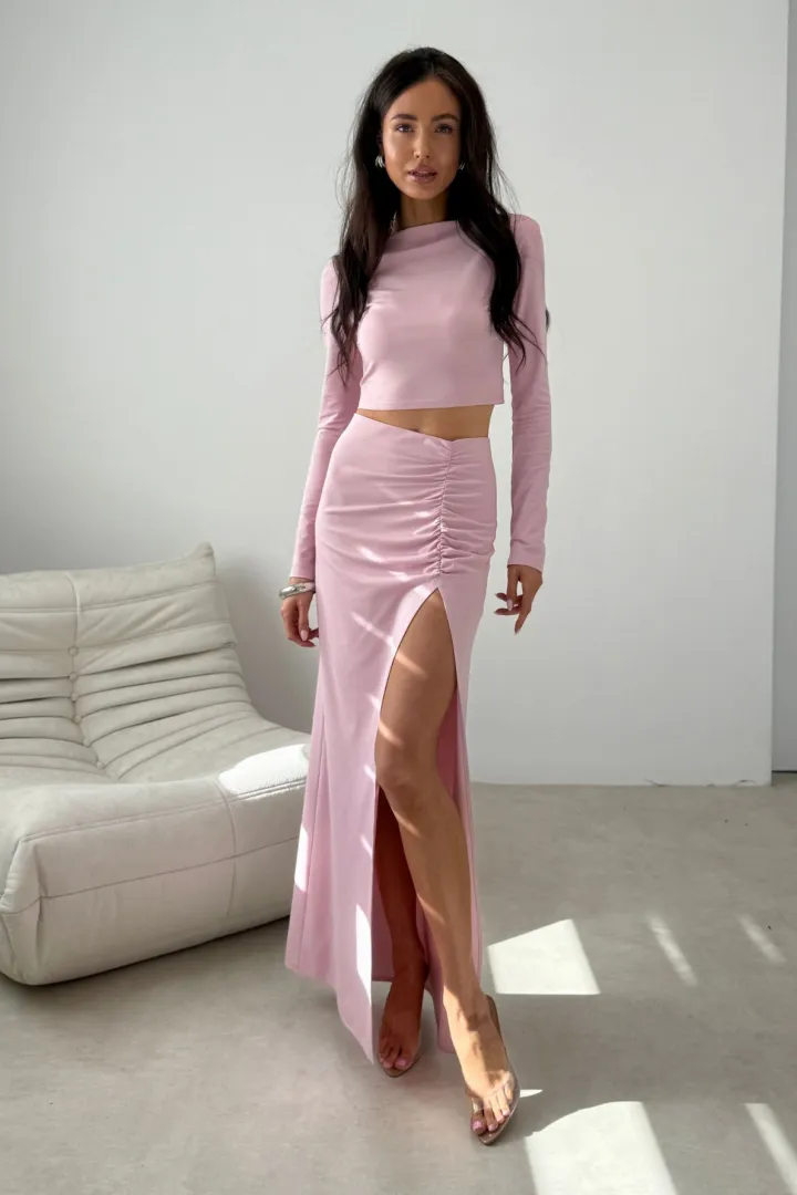 Ottilia - figurbetonter Maxirock mit Drapierung und Beinschlitz in Rosa