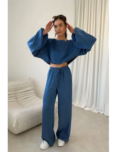 Rosalina – Cropped Bluse mit weitem Schnitt und Volumenärmeln in Blau | Roco Fashion