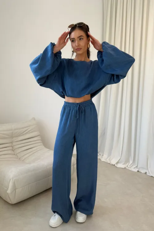 Emmy – szerokie spodnie z elastyczną talią i wiązaniem niebieskie | Roco Fashion