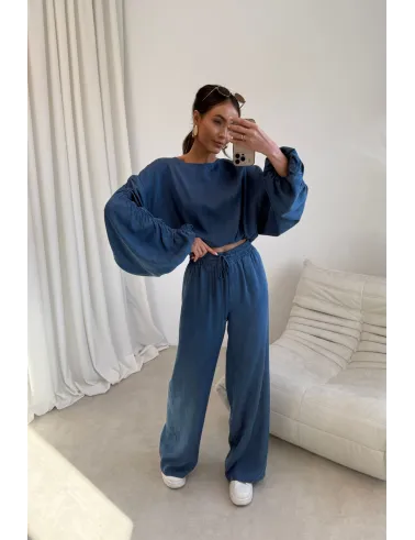 Emmy – Weite Hose mit elastischem Bund und Bindeband in Blau | Roco Fashion