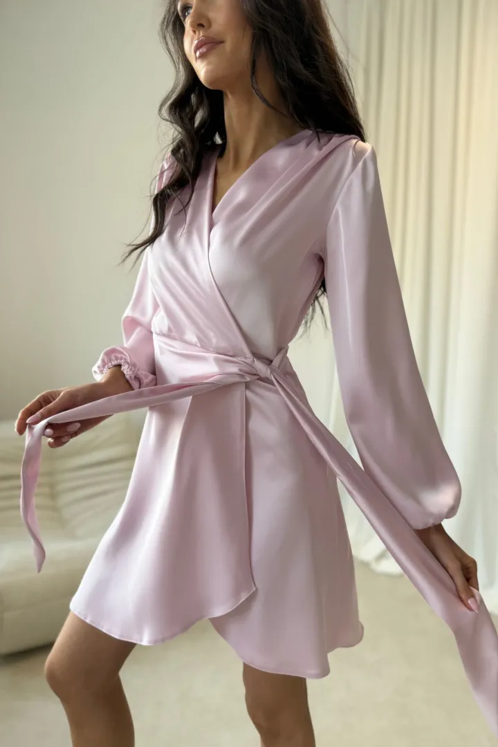 Catlin - Elegantes Mini Wickelkleid mit Taillenband und langen Ärmeln in hell pink