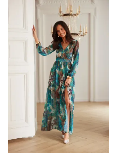 Alessia – sukienka maxi z szyfonu we wzorze paisley i wycięciem na plecach | Roco Fashion