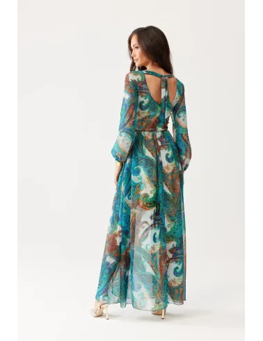 Alessia – sukienka maxi z szyfonu we wzorze paisley i wycięciem na plecach | Roco Fashion