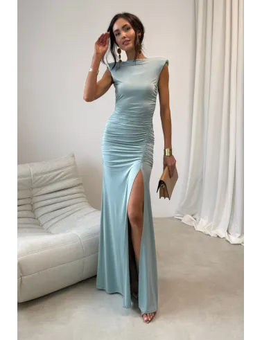 Aurelia – Elegantes Maxikleid mit Raffungen, tiefem Rückenausschnitt und Beinschlitz in Mint | Roco Fashion