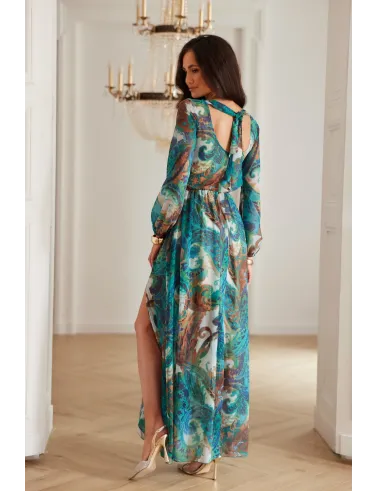 Alessia – sukienka maxi z szyfonu we wzorze paisley i wycięciem na plecach | Roco Fashion