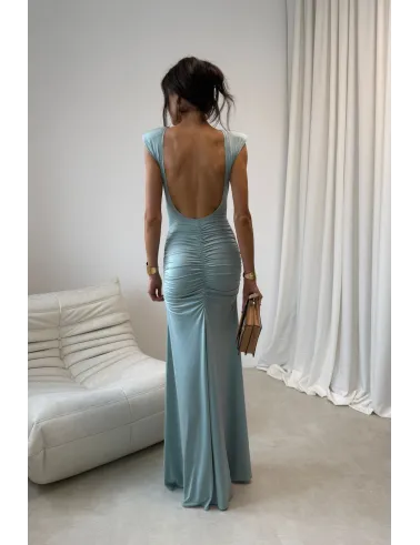 Aurelia – Elegantes Maxikleid mit Raffungen, tiefem Rückenausschnitt und Beinschlitz in Mint | Roco Fashion