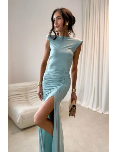Aurelia – długa sukienka z marszczeniem, odkrytymi plecami i rozcięciem miętowa | Roco Fashion