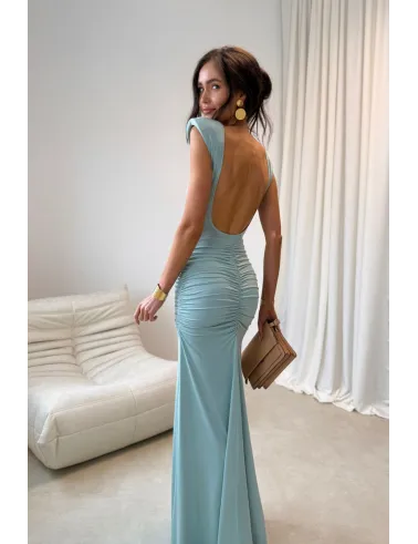 Aurelia – Elegantes Maxikleid mit Raffungen, tiefem Rückenausschnitt und Beinschlitz in Mint | Roco Fashion