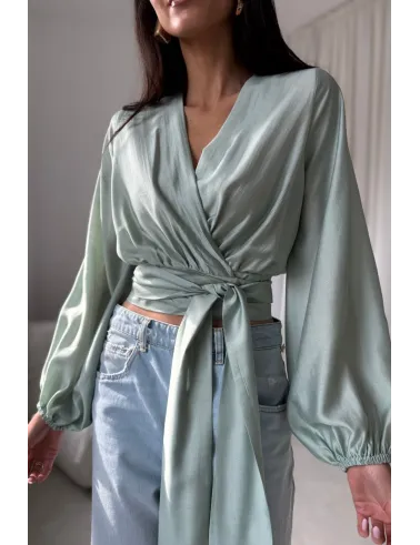 Nerina – elegante Wickelbluse mit Taillenbindung, lange Ärmel, Mint | Roco Fashion