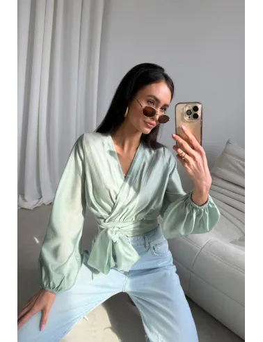 Nerina – elegante Wickelbluse mit Taillenbindung, lange Ärmel, Mint | Roco Fashion