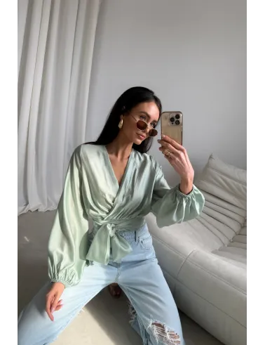 Nerina – elegante Wickelbluse mit Taillenbindung, lange Ärmel, Mint | Roco Fashion