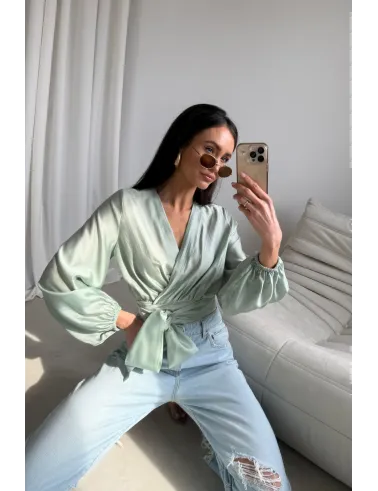 Nerina – elegante Wickelbluse mit Taillenbindung, lange Ärmel, Mint | Roco Fashion