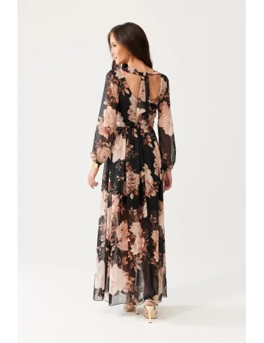 Alessia – schwarz-beiges Maxikleid mit Blumenmuster und Rückenausschnitt | Roco Fashion