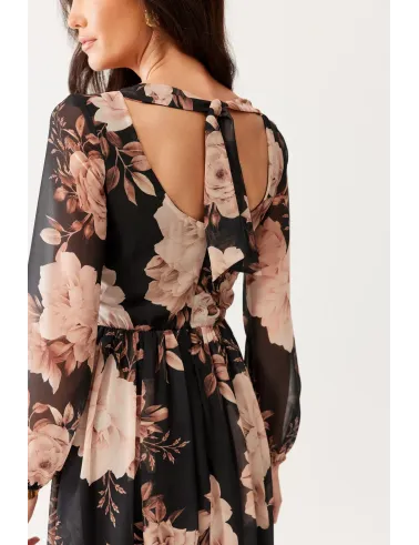 Alessia – schwarz-beiges Maxikleid mit Blumenmuster und Rückenausschnitt | Roco Fashion
