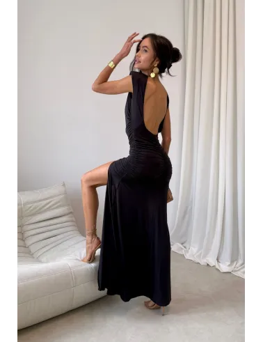 Aurelia – Elegantes Maxikleid mit Raffungen, tiefem Rückenausschnitt und Beinschlitz in Schwarz | Roco Fashion