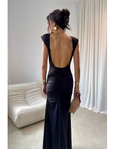 Aurelia – Elegantes Maxikleid mit Raffungen, tiefem Rückenausschnitt und Beinschlitz in Schwarz | Roco Fashion