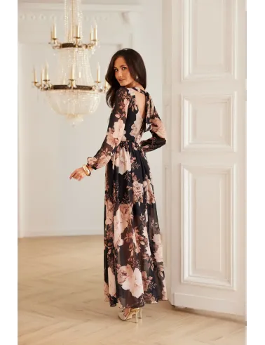 Alessia – schwarz-beiges Maxikleid mit Blumenmuster und Rückenausschnitt | Roco Fashion