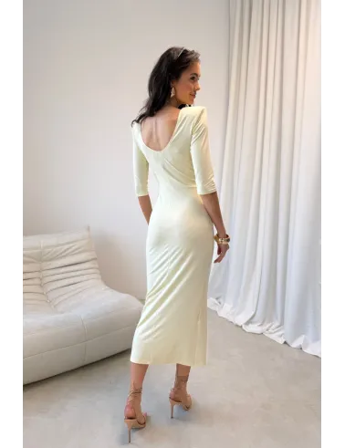 Lidiana – elegantes Midikleid mit Taillenbindung und 3/4-Ärmeln in Hellgelb | Roco Fashion