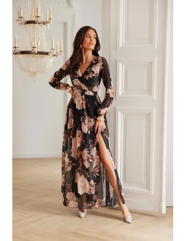 Alessia – schwarz-beiges Maxikleid mit Blumenmuster und Rückenausschnitt | Roco Fashion