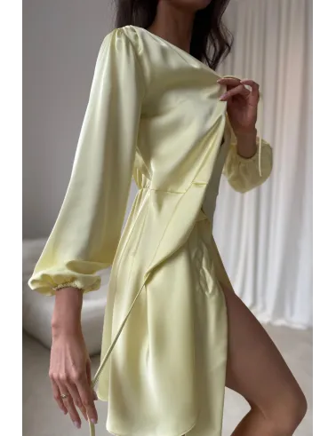 Catlin – Elegantes Mini Wickelkleid mit Taillenband & langen Ärmeln in Gelb | Roco Fashion