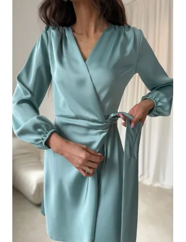 Catlin – Elegantes Mini Wickelkleid in Mint mit Taillenband & langen Ärmeln | Roco Fashion