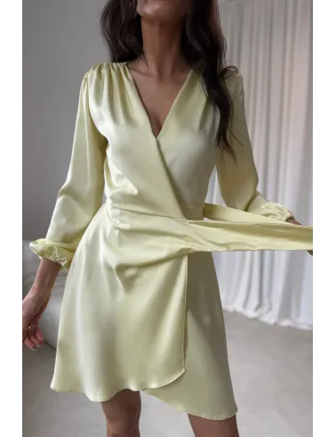Catlin – Elegantes Mini Wickelkleid mit Taillenband & langen Ärmeln in Gelb | Roco Fashion