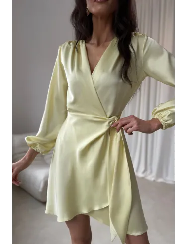 Catlin – Elegantes Mini Wickelkleid mit Taillenband & langen Ärmeln in Gelb | Roco Fashion
