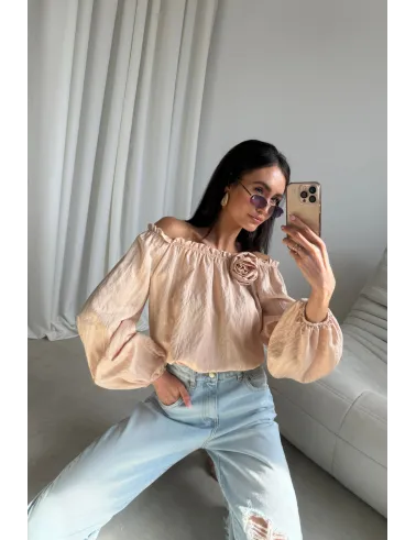 Monaco – Off-Shoulder Bluse mit floraler Applikation Beige | Roco Fashion