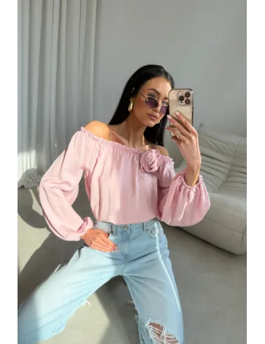 Marisol Off-Shoulder Bluse Puderrosa mit Drapierung & 3D-Blüte | Roco Fashion