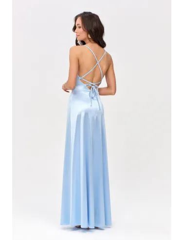Alessandra – Langes Satin Abendkleid mit Spaghettiträgern, Rückenschnürung und Beinschlitz in Himmelblau| Roco Fashion