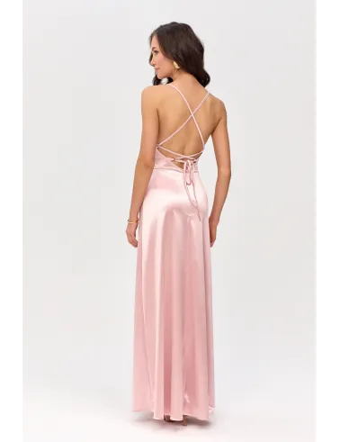 Alessandra – Langes Satin Abendkleid mit Spaghettiträgern, Rückenschnürung und Beinschlitz in Rosa| Roco Fashion