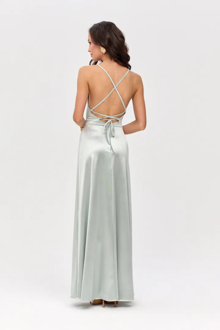 Alessandra - Langes Satin Abendkleid mit Spaghettiträgern, Rückenschnürung und Beinschlitz in Mint