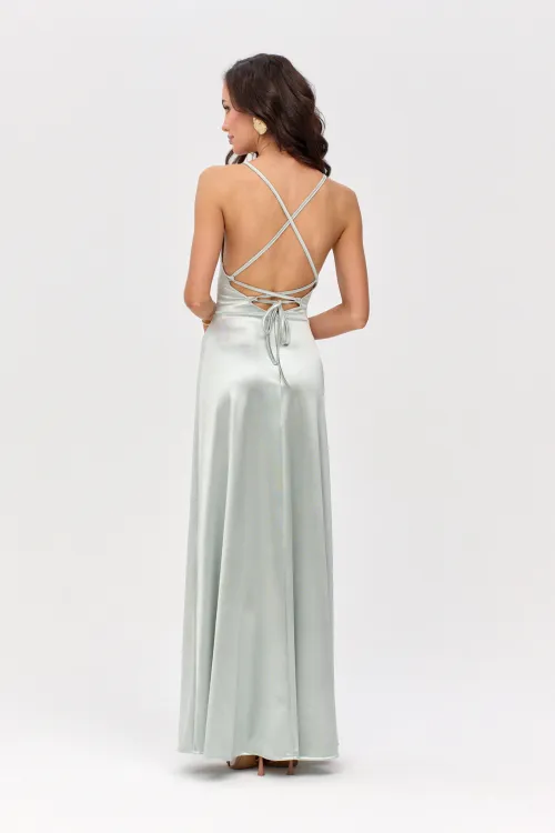 Alessandra - Langes Satin Abendkleid mit Spaghettiträgern, Rückenschnürung und Beinschlitz in Mint