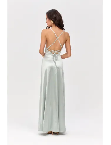 Alessandra – Langes Satin Abendkleid mit Spaghettiträgern, Rückenschnürung und Beinschlitz in Mint| Roco Fashion