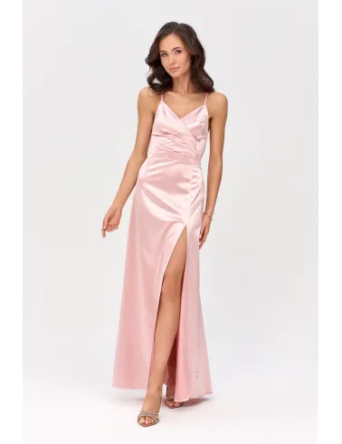 Alessandra – Langes Satin Abendkleid mit Spaghettiträgern, Rückenschnürung und Beinschlitz in Rosa| Roco Fashion