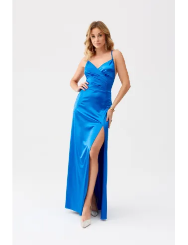 Alessandra – Langes Satin Abendkleid mit Spaghettiträgern, Rückenschnürung und Beinschlitz in Königsblau| Roco Fashion